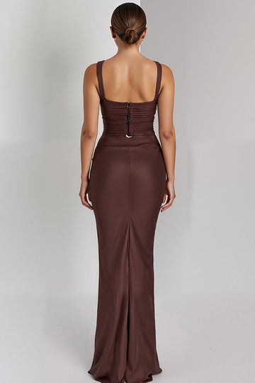 Robe de soirée maxi à bretelles spaghetti sirène café